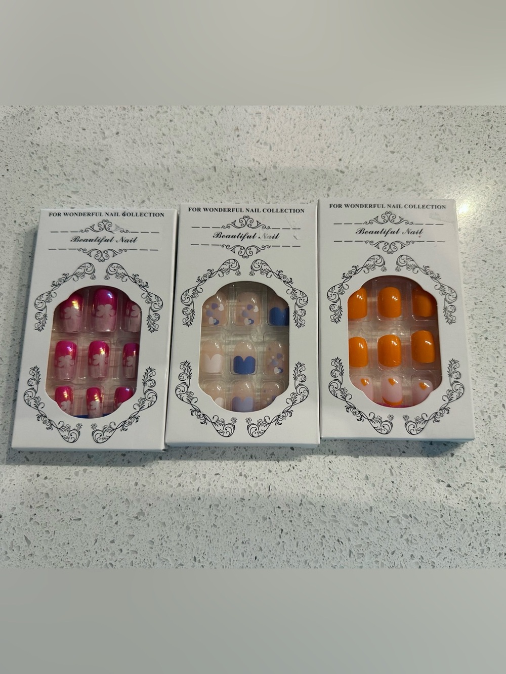 3-Pack Women’s Press-On Nail Set — Pink, Blue & Orange Styles